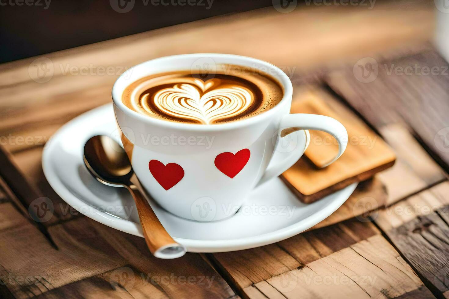 a cup of coffee with hearts on the saucer. AI-Generated photo