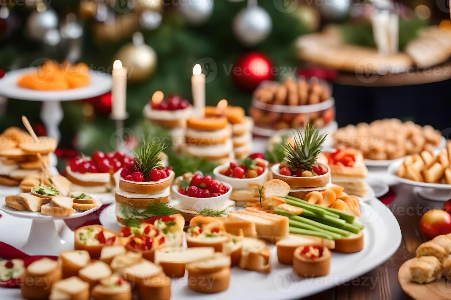 christmas buffet with appetizers, desserts and drinks. AI-Generated