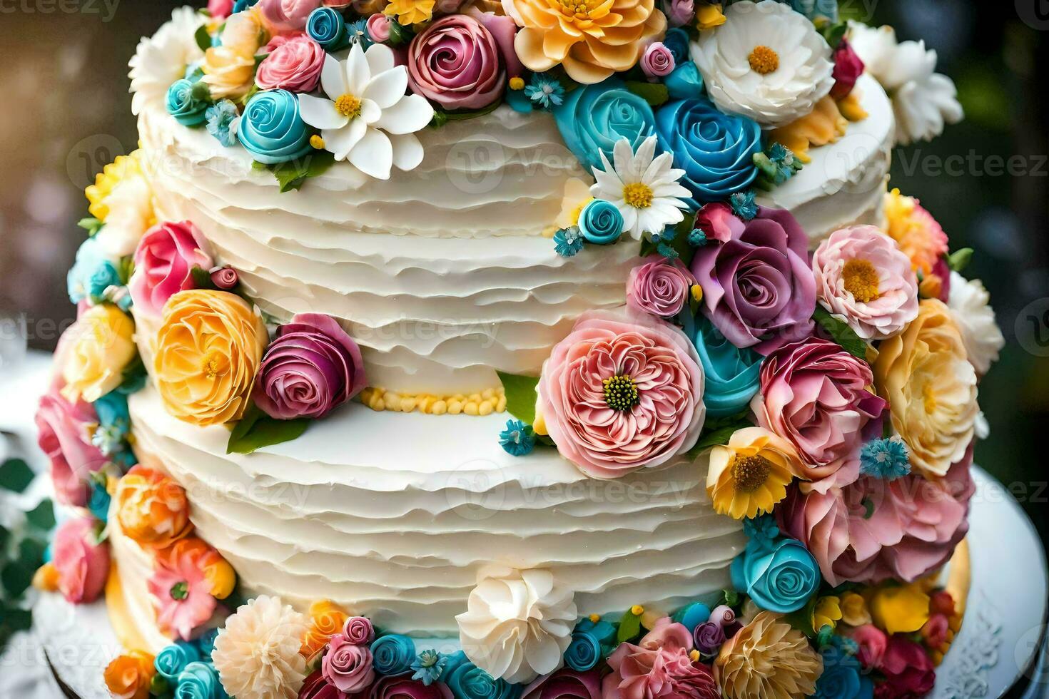 a three tiered cake with colorful flowers on it. AI-Generated photo