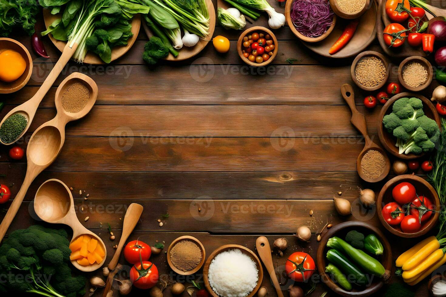a wooden table with many different types of vegetables. AI-Generated photo