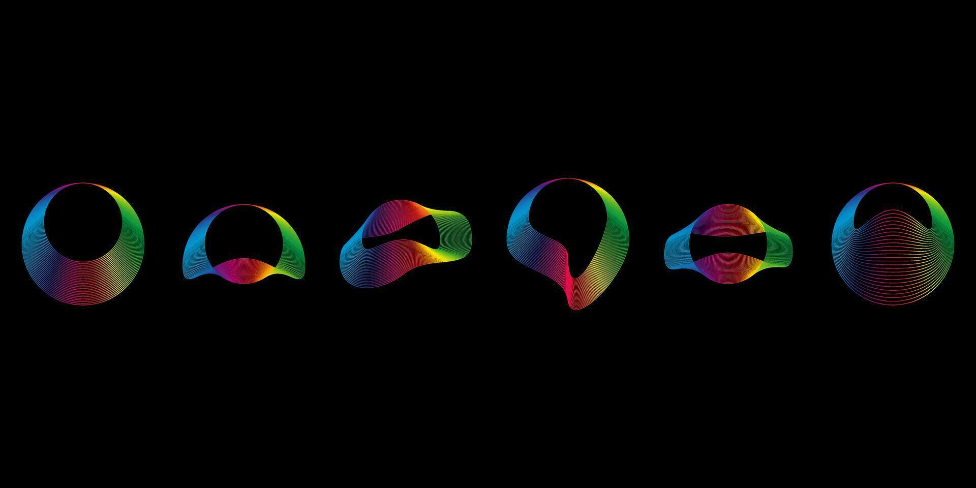 Sound smooth waves of shapes of different shapes, Set Equalizer rainbow color gradient. Vector geometric shapes isolated on black background