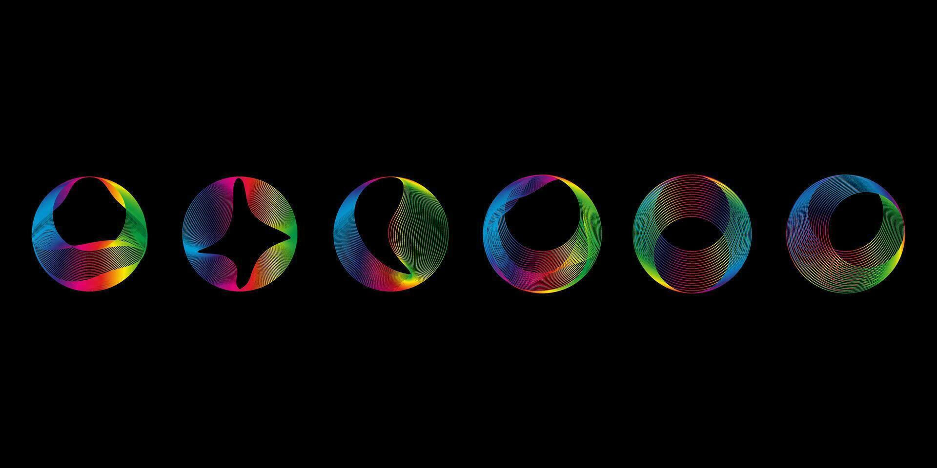Sound smooth waves of shapes of different shapes, Set Equalizer rainbow color gradient. Vector geometric shapes isolated on black background