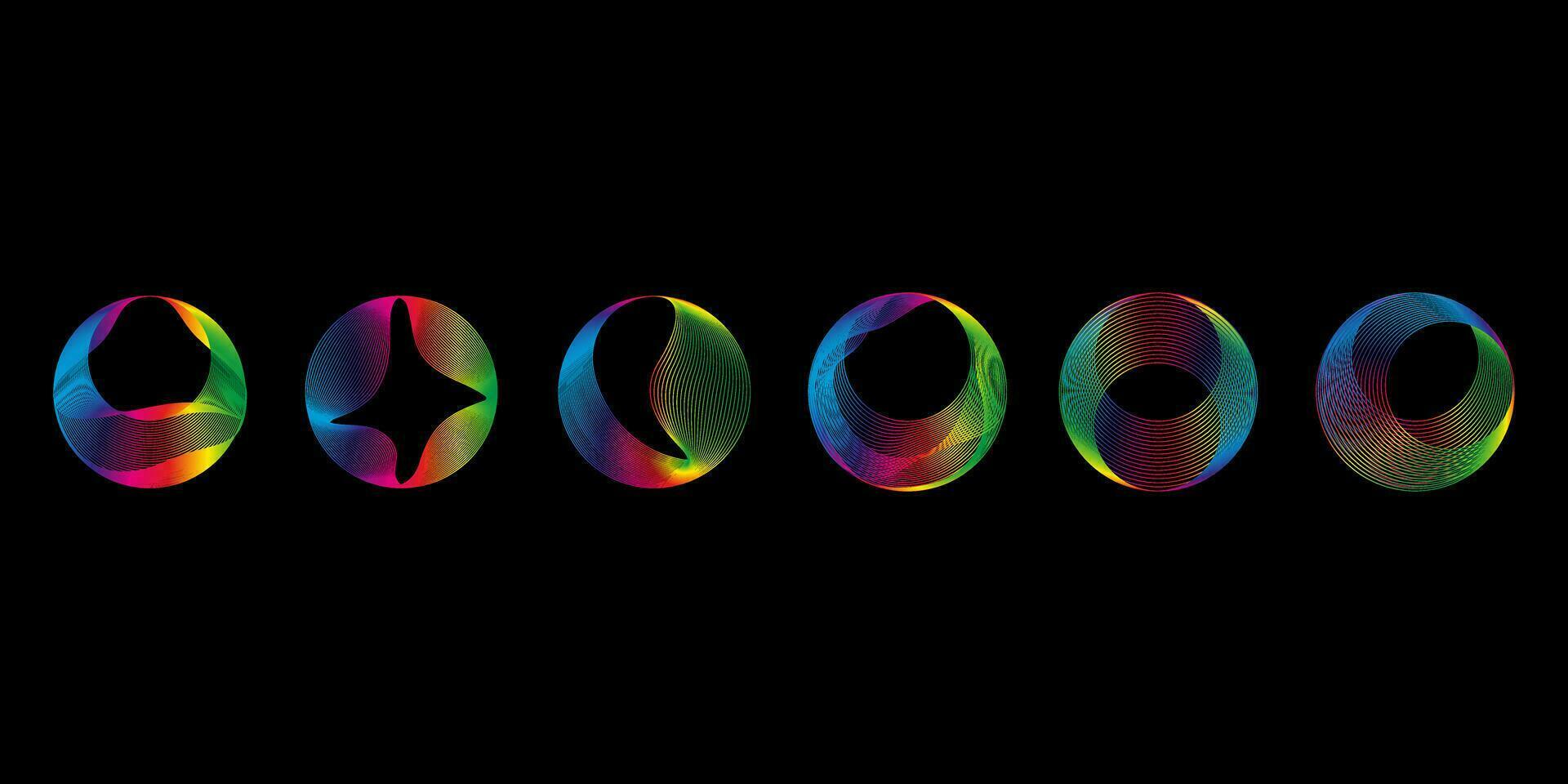 sonido suave olas de formas de diferente formas, conjunto igualada arco iris color degradado. vector geométrico formas aislado en negro antecedentes