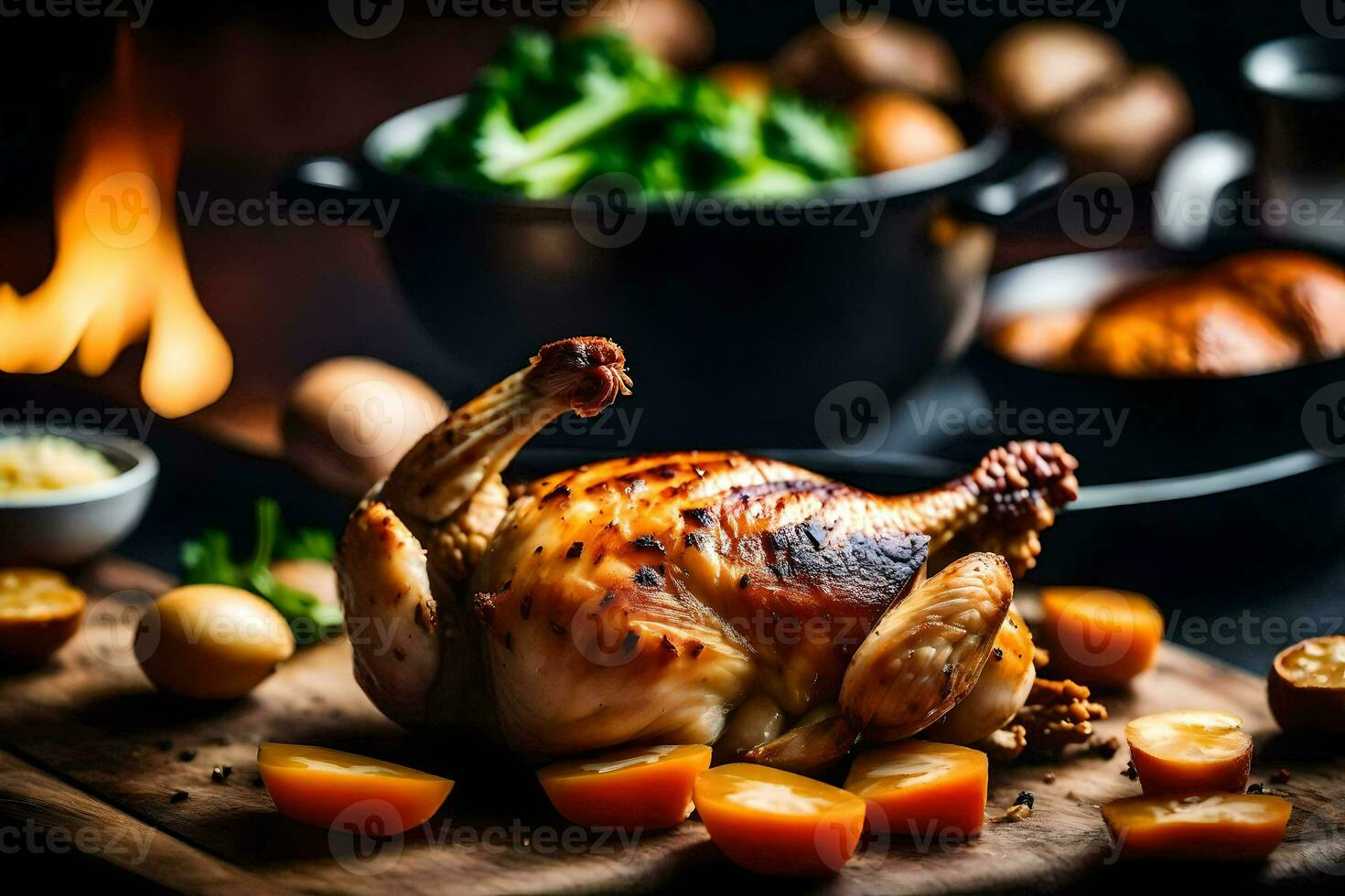 a roasted chicken on a cutting board with potatoes and vegetables. AI-Generated photo