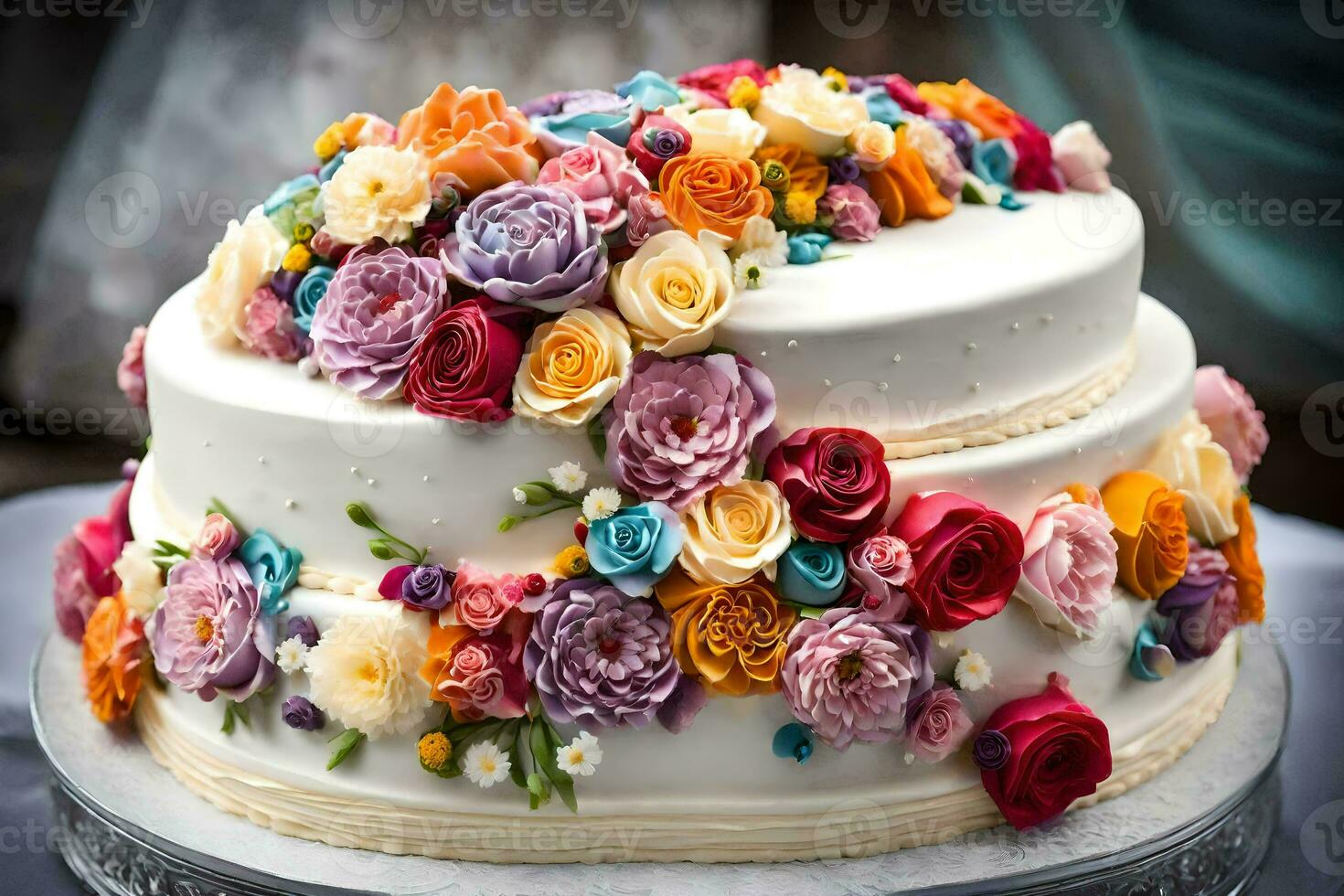 a cake decorated with colorful flowers. AI-Generated photo