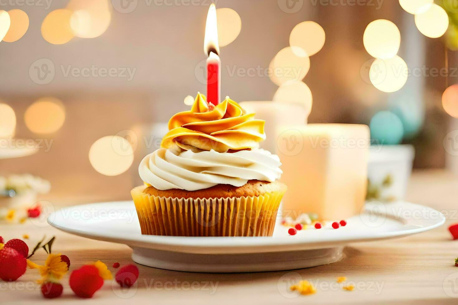 a cupcake with a candle on a plate. AI-Generated photo