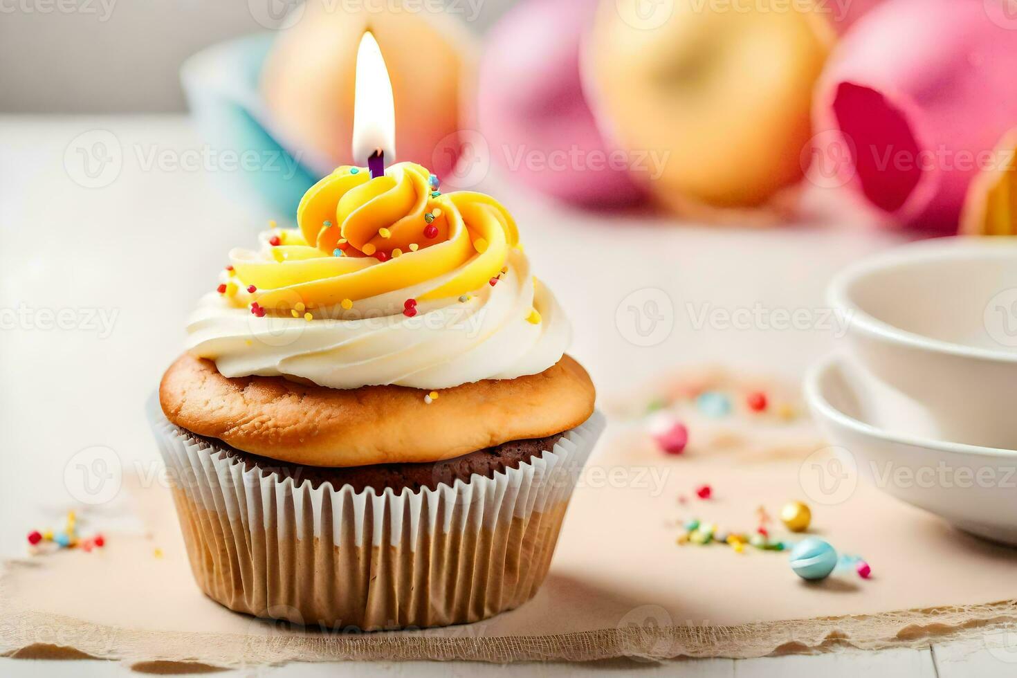 a cupcake with a candle on top. AI-Generated photo