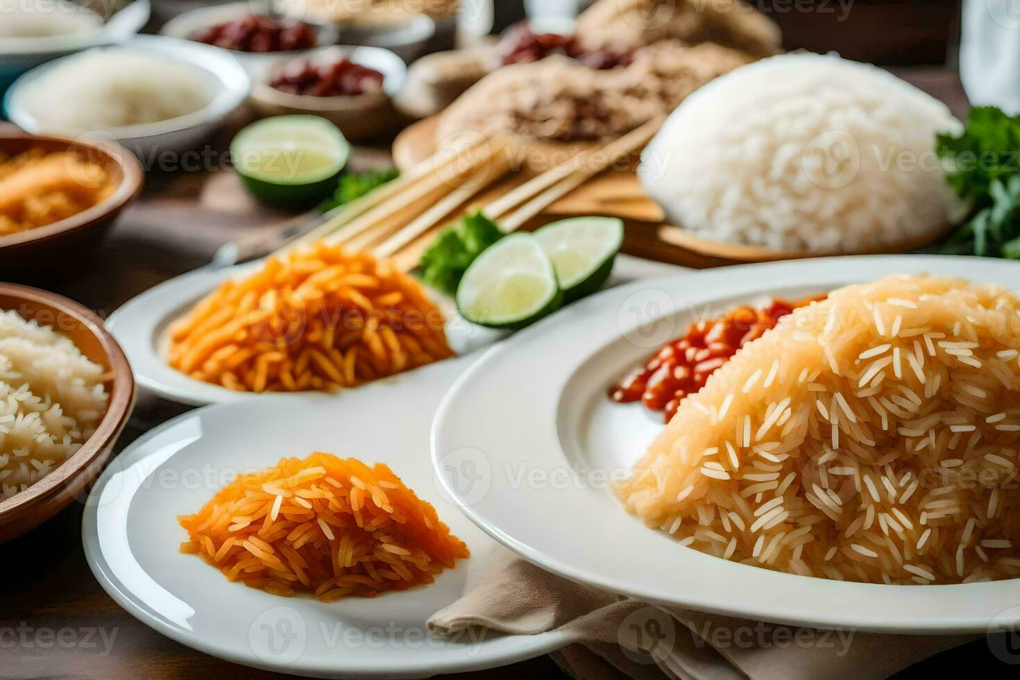 various types of rice and other ingredients on a table. AI-Generated photo