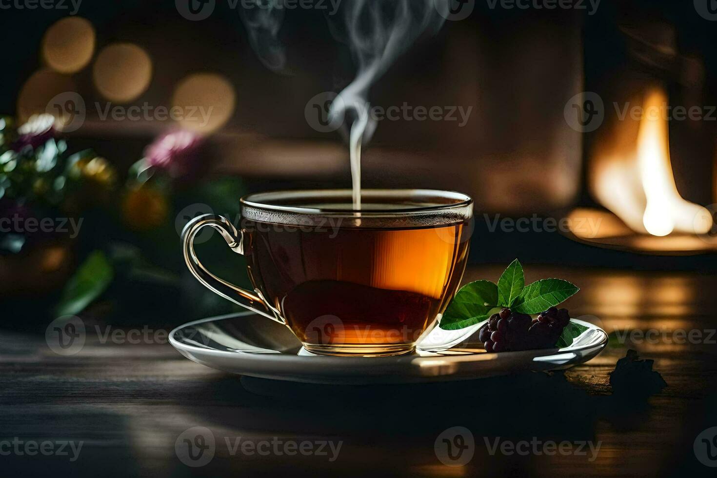 a cup of tea with a candle and flowers. AI-Generated photo