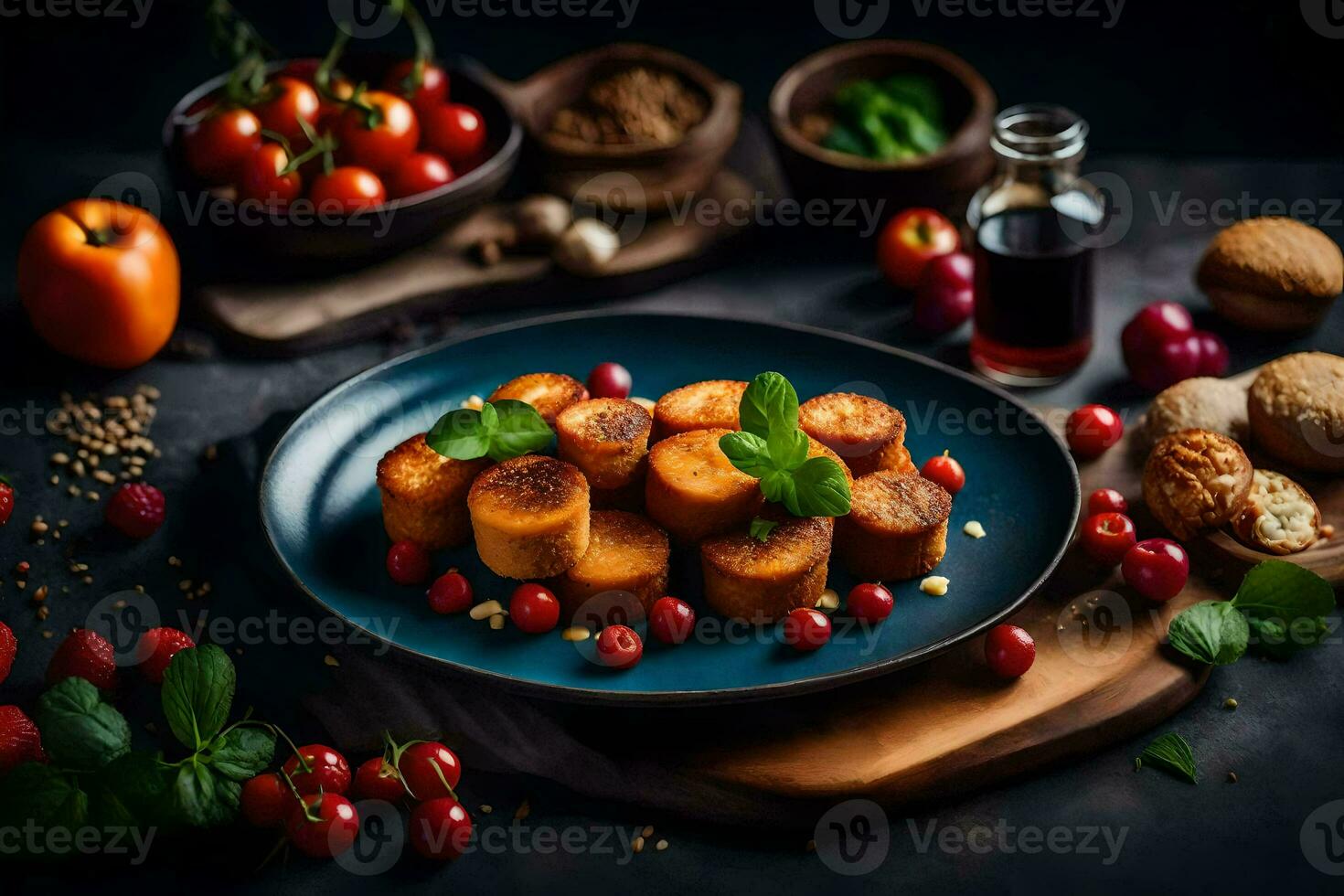 food on a plate with potatoes, tomatoes and bread. AI-Generated photo