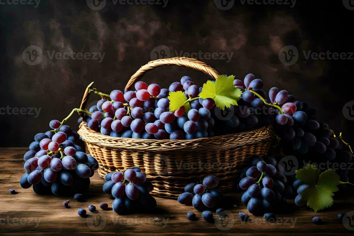 grapes in a basket on a dark background. AI-Generated photo