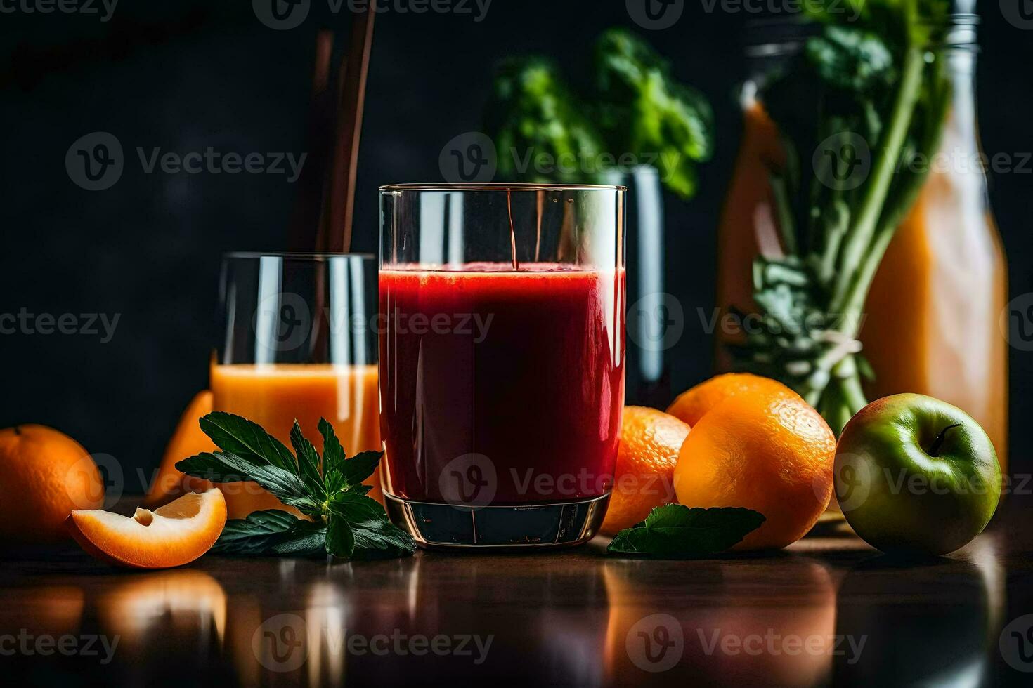 un vaso de jugo con naranjas y manzanas generado por ai foto