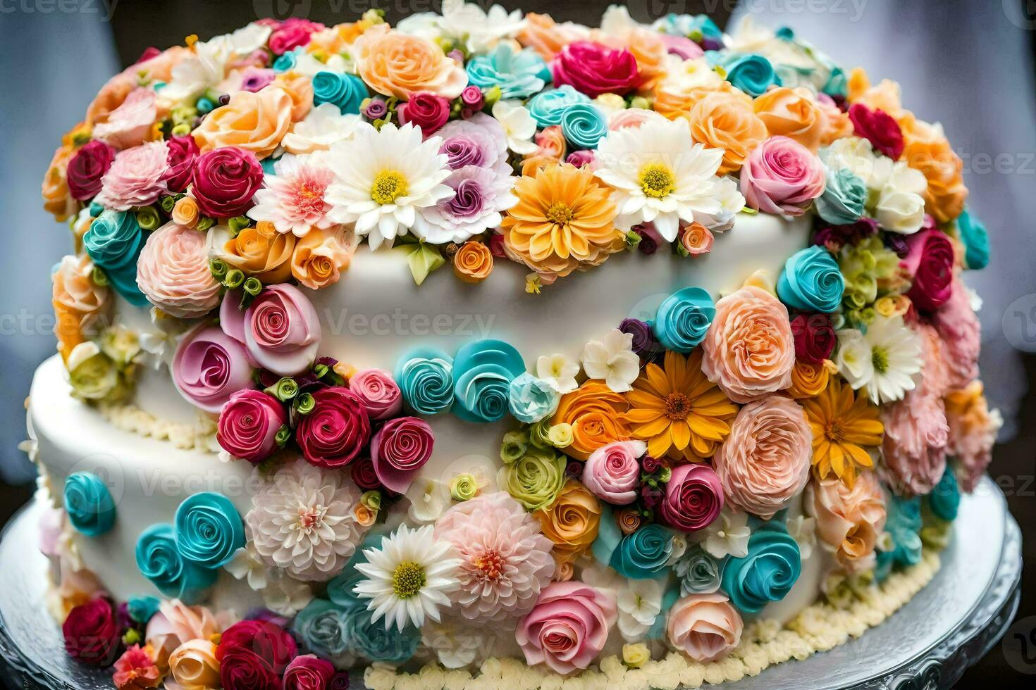 un grande pastel con vistoso flores en cima. generado por ai foto