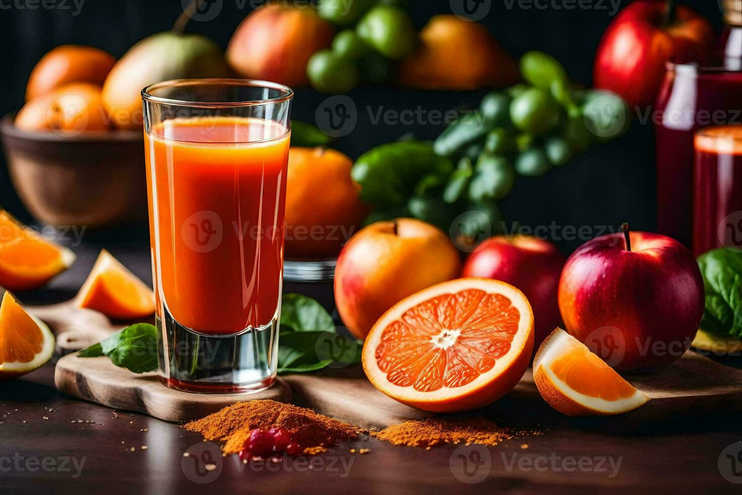 a glass of orange juice with oranges, apples and spices. AI-Generated photo