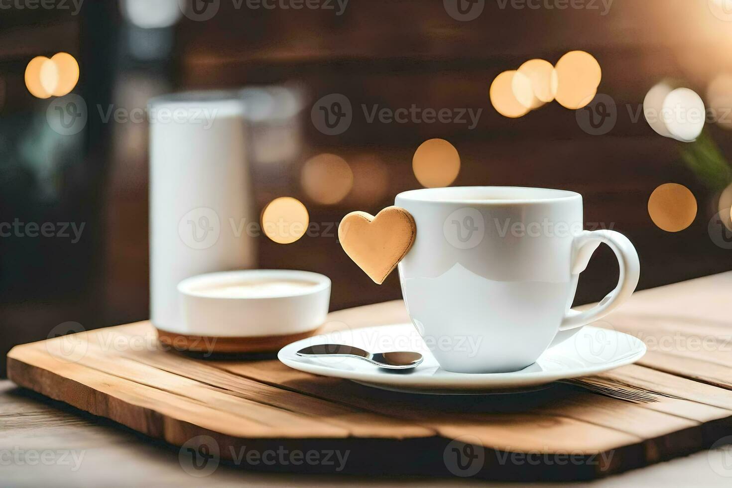 café y corazón conformado azúcar en un de madera mesa. generado por ai foto