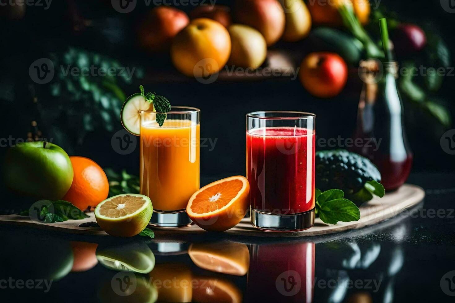 two glasses of juice with oranges and apples. AI-Generated photo