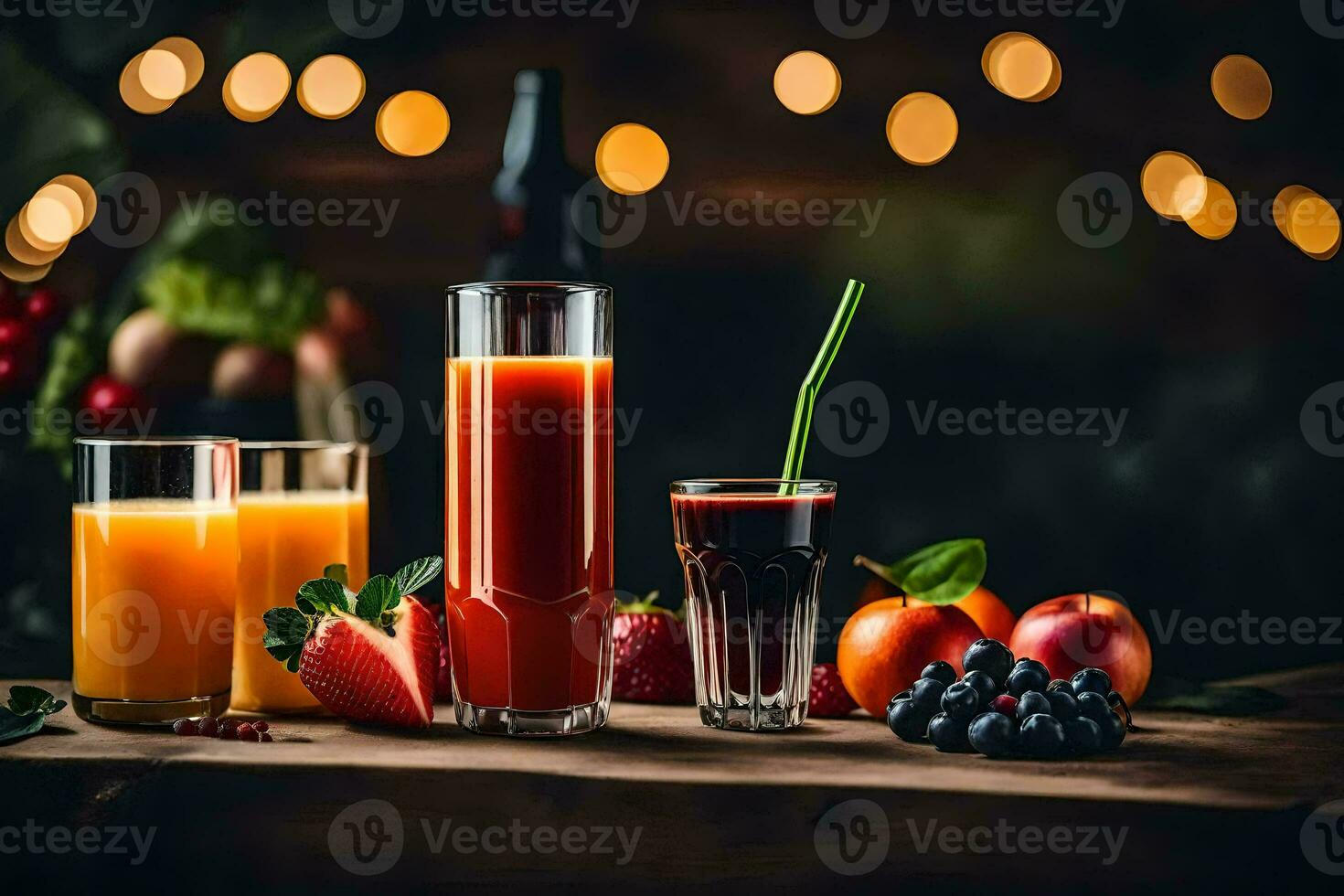 a table with fruit and juice. AI-Generated photo