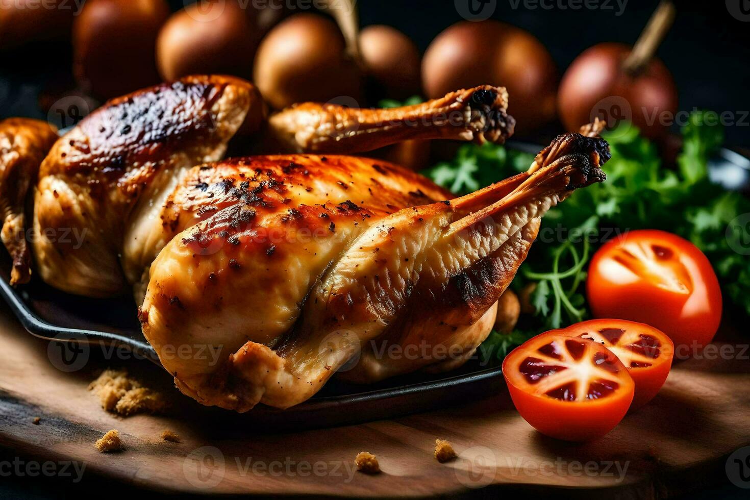 roasted chicken on a wooden board with vegetables. AI-Generated photo