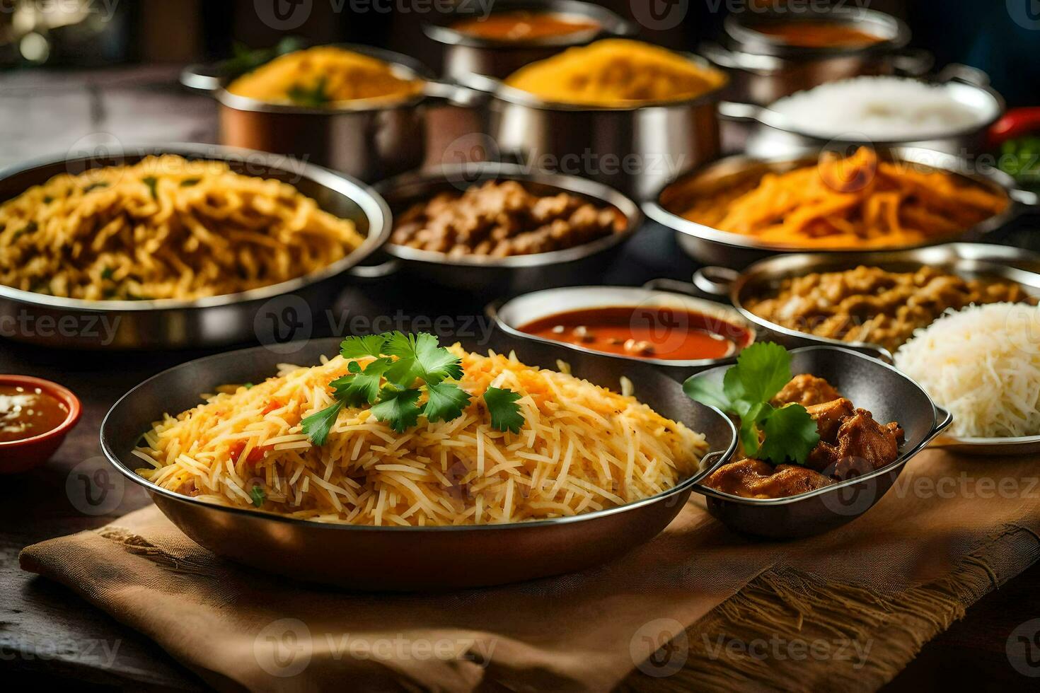 varios platos de indio comida son arreglado en un mesa. generado por ai foto