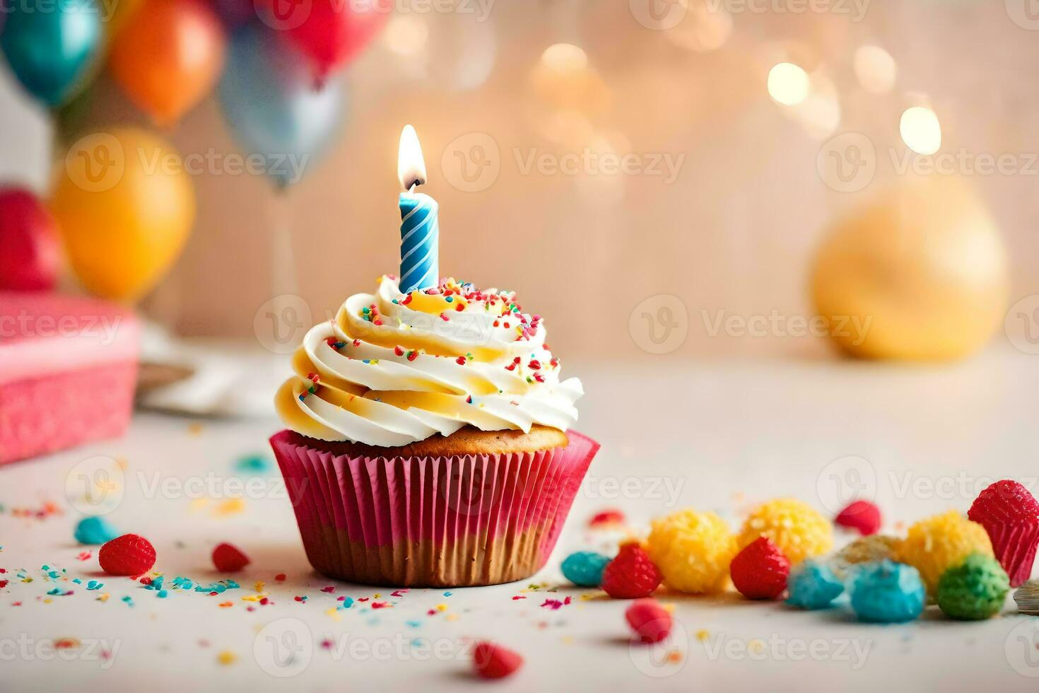 a cupcake with a lit candle on top and colorful confetti. AI-Generated photo