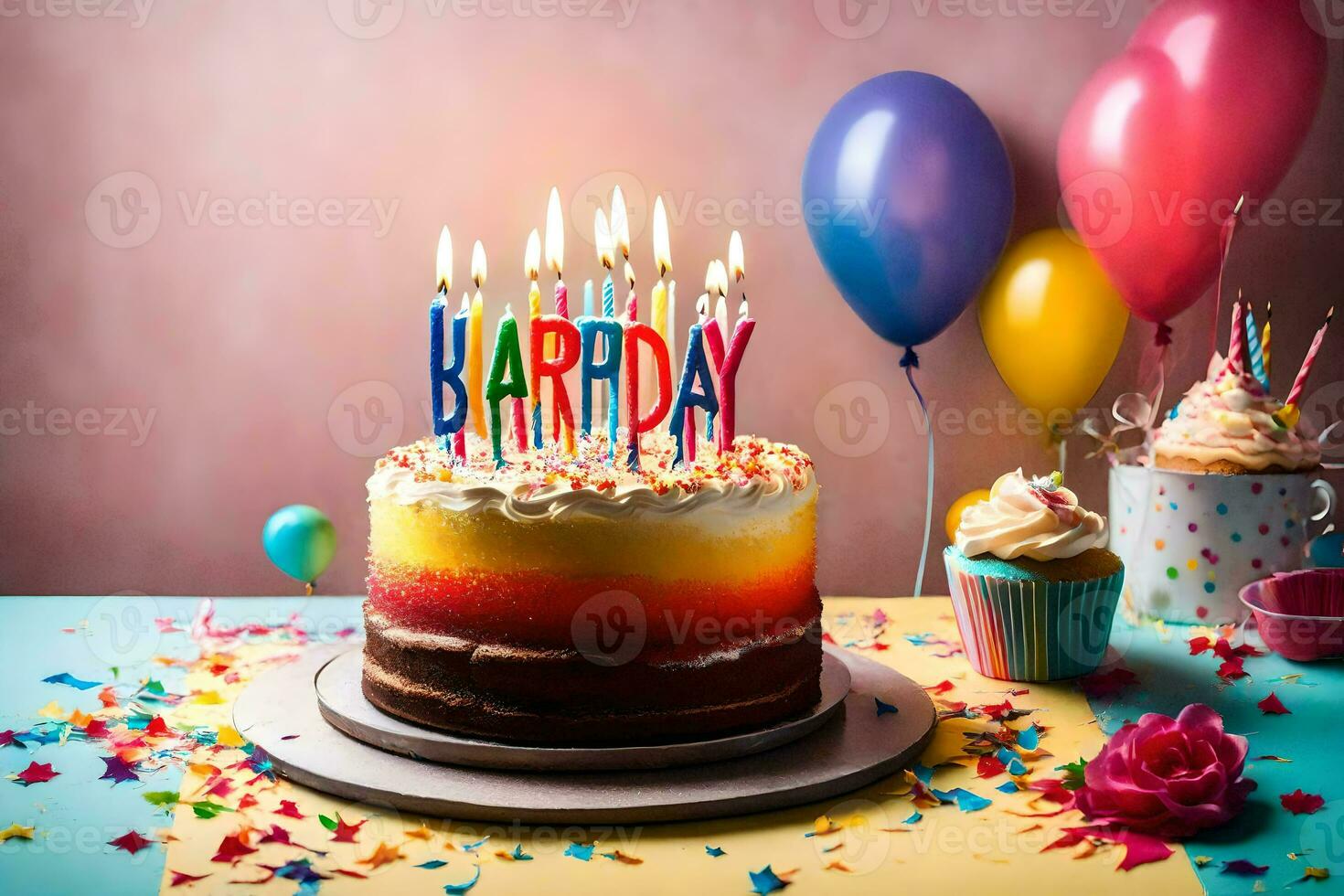 cumpleaños pastel con velas en un mesa. generado por ai foto