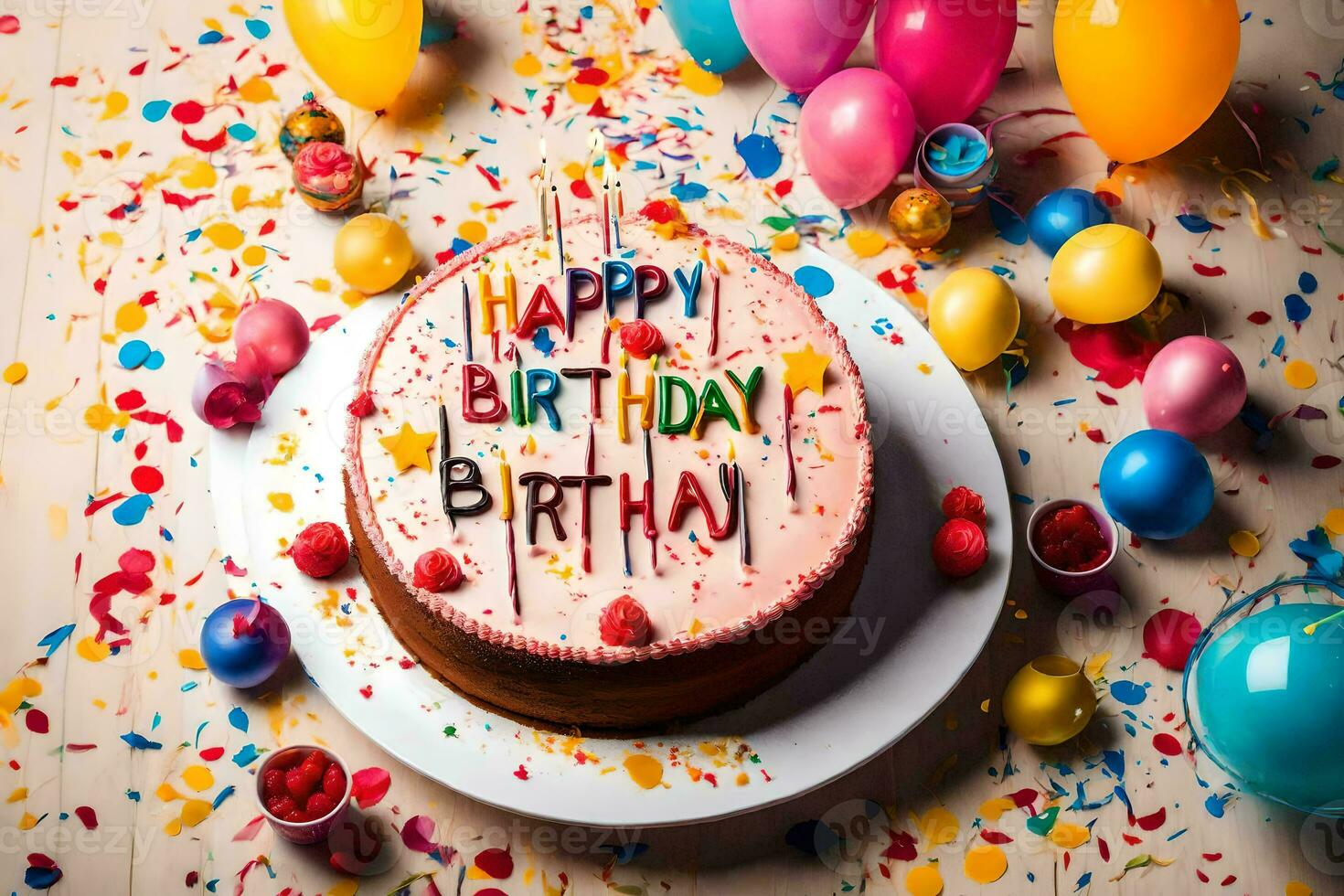 happy birthday cake with confetti and balloons on a wooden background. AI-Generated photo