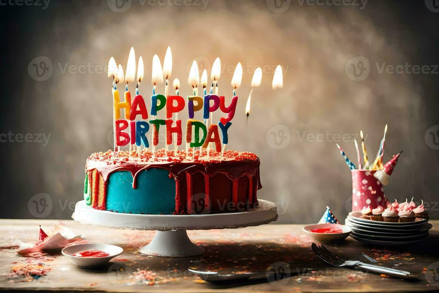 a birthday cake with candles and a happy birthday sign. AI-Generated photo