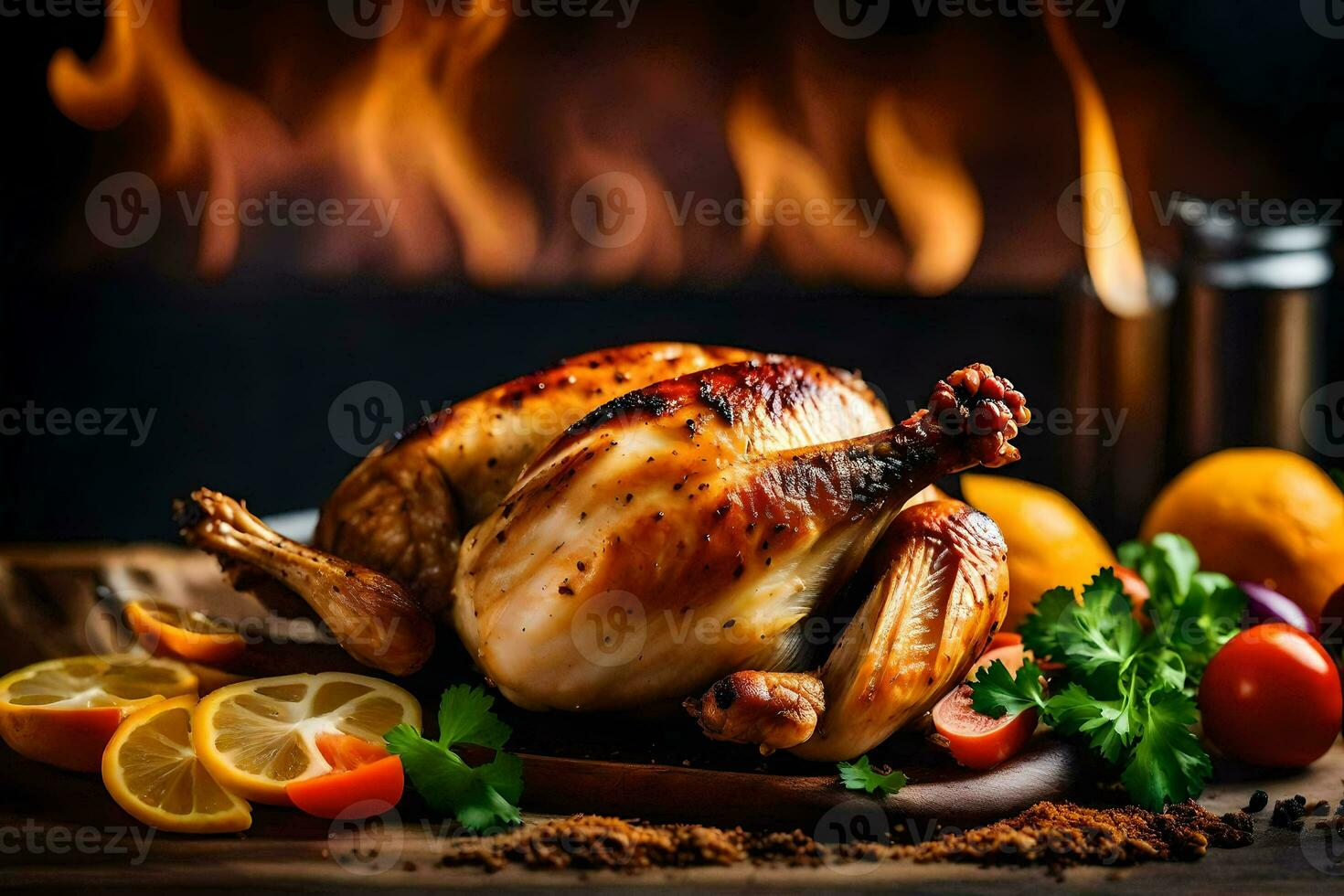 a roasted chicken on a wooden cutting board with vegetables and spices. AI-Generated photo