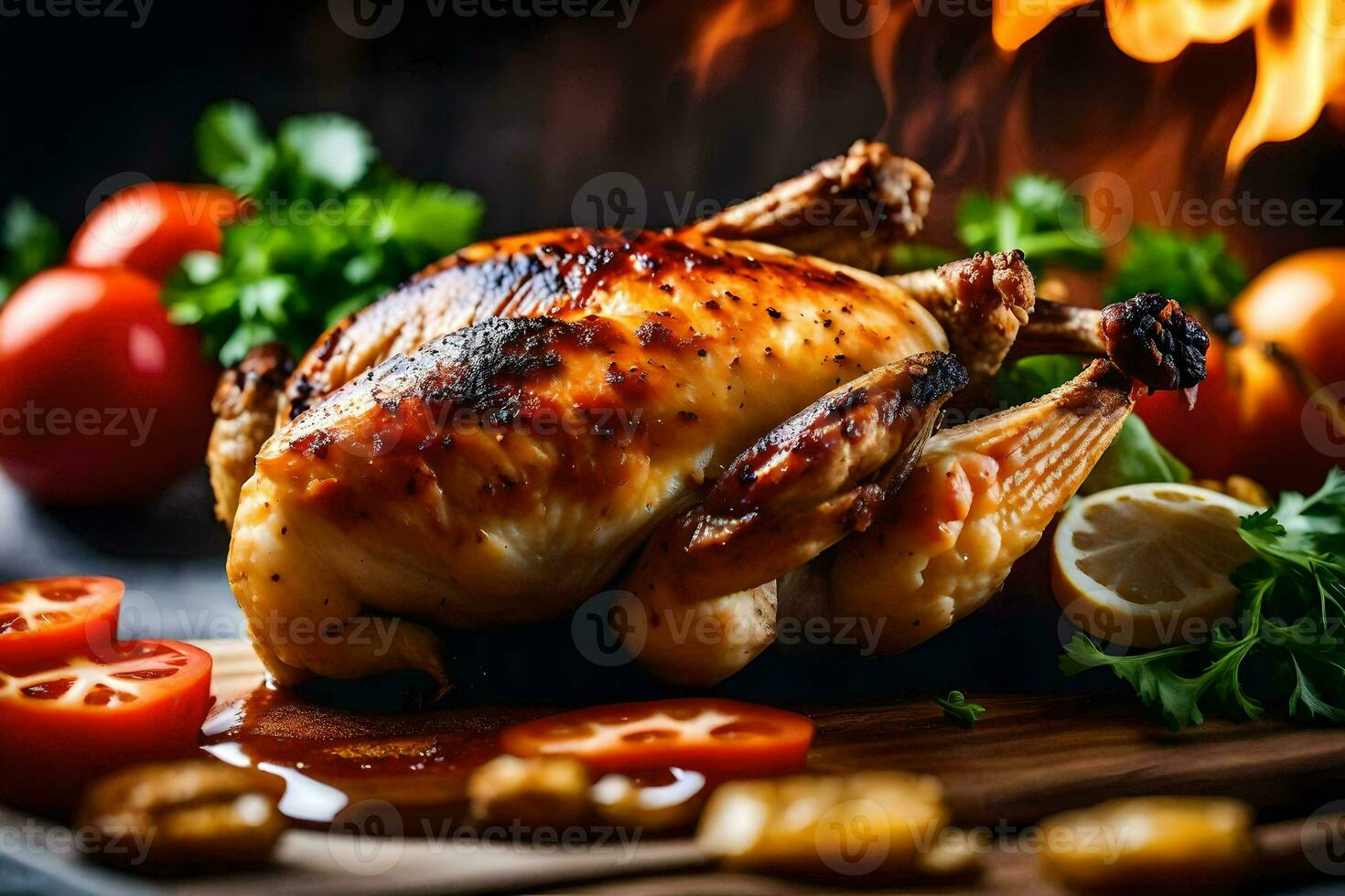 a roasted chicken on a cutting board with vegetables. AI-Generated photo