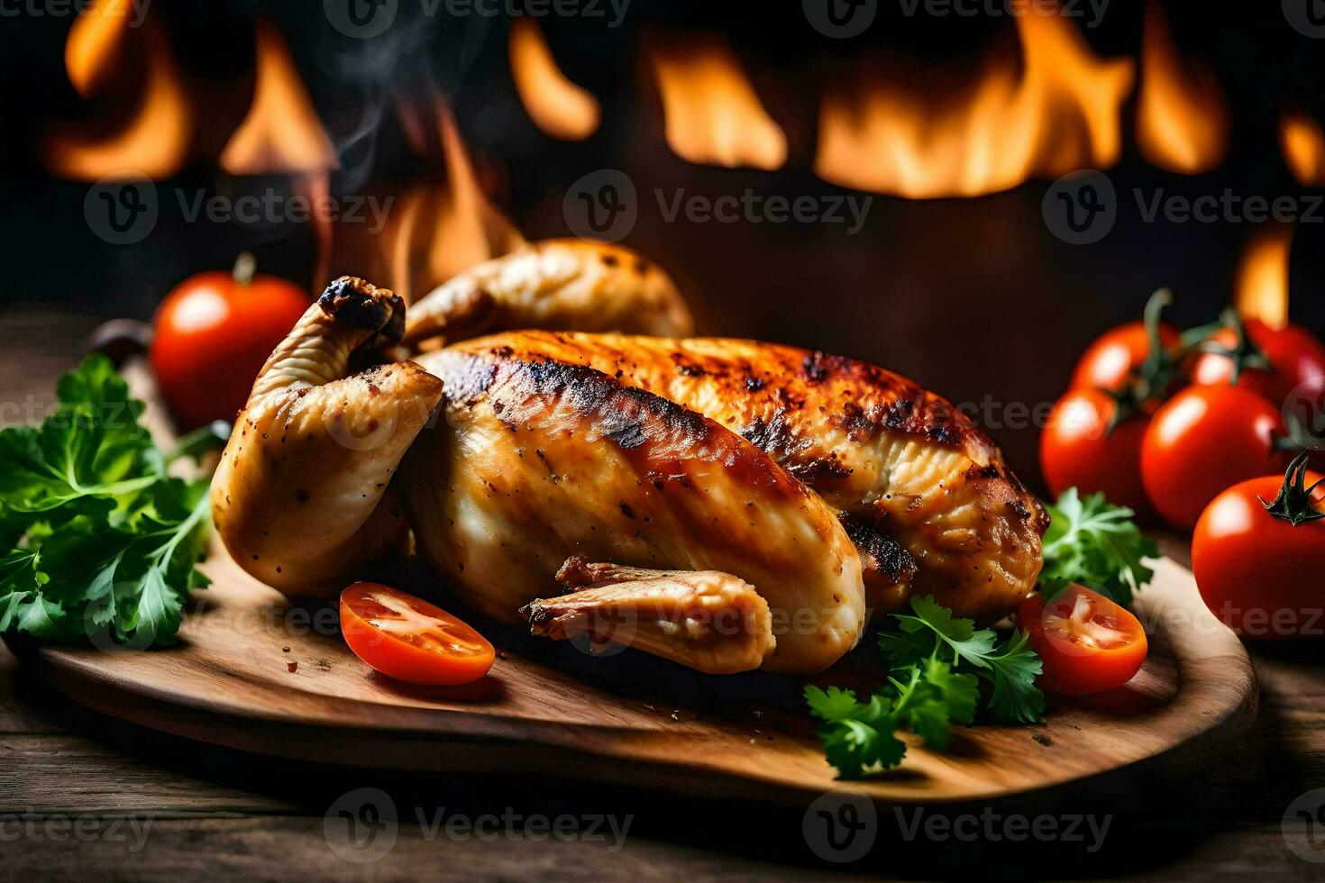 grilled chicken on a wooden board with tomatoes and herbs. AI-Generated photo