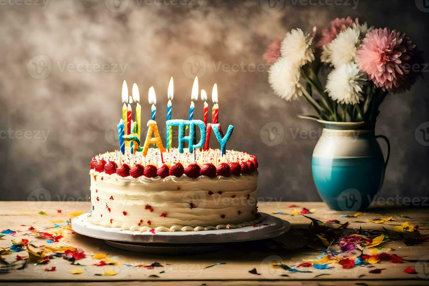 contento cumpleaños pastel con velas en el mesa. generado por ai foto