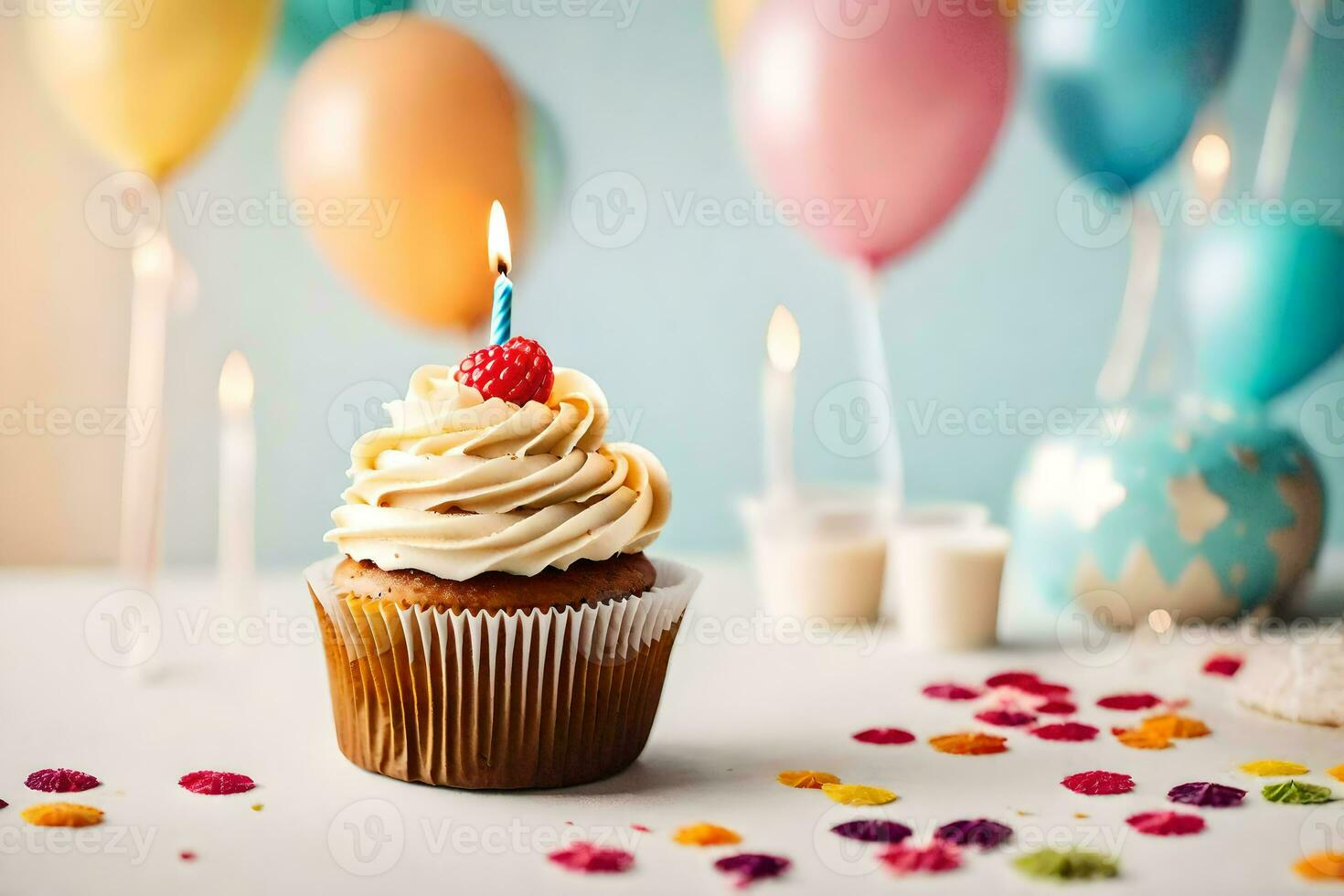 un magdalena con un vela en parte superior y globos generado por ai foto