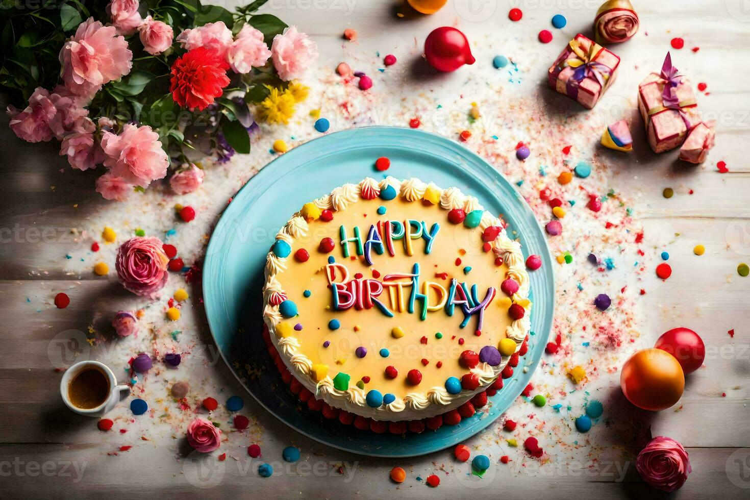 happy birthday cake on a wooden table. AI-Generated photo