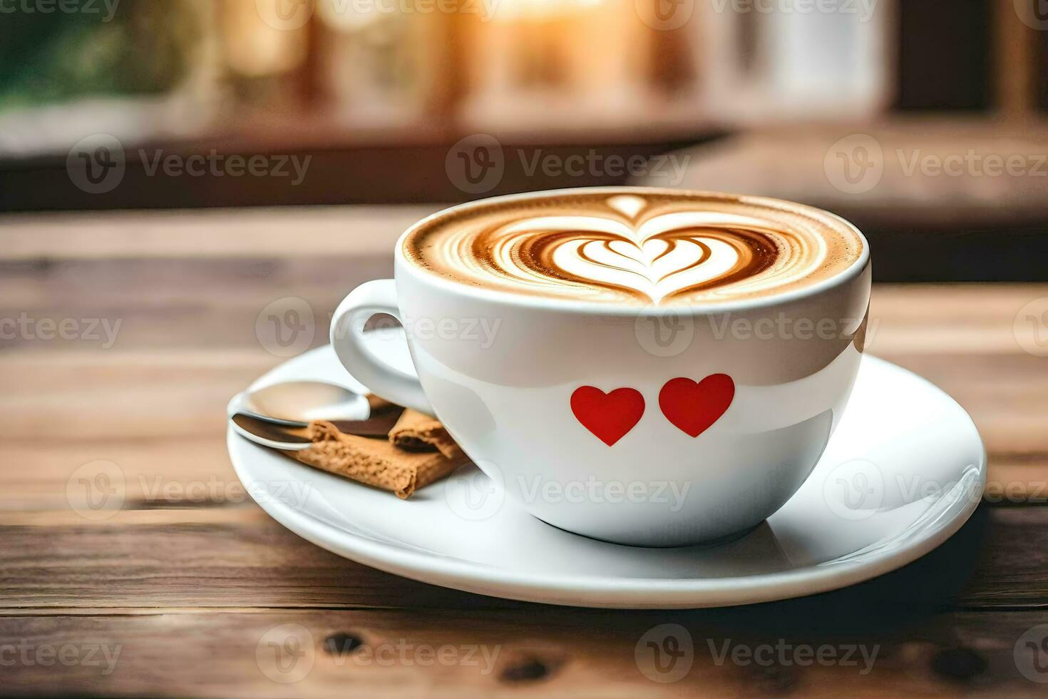 a cup of coffee with hearts on the saucer. AI-Generated photo