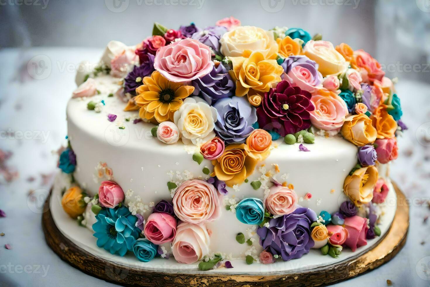 a cake decorated with colorful flowers. AI-Generated photo