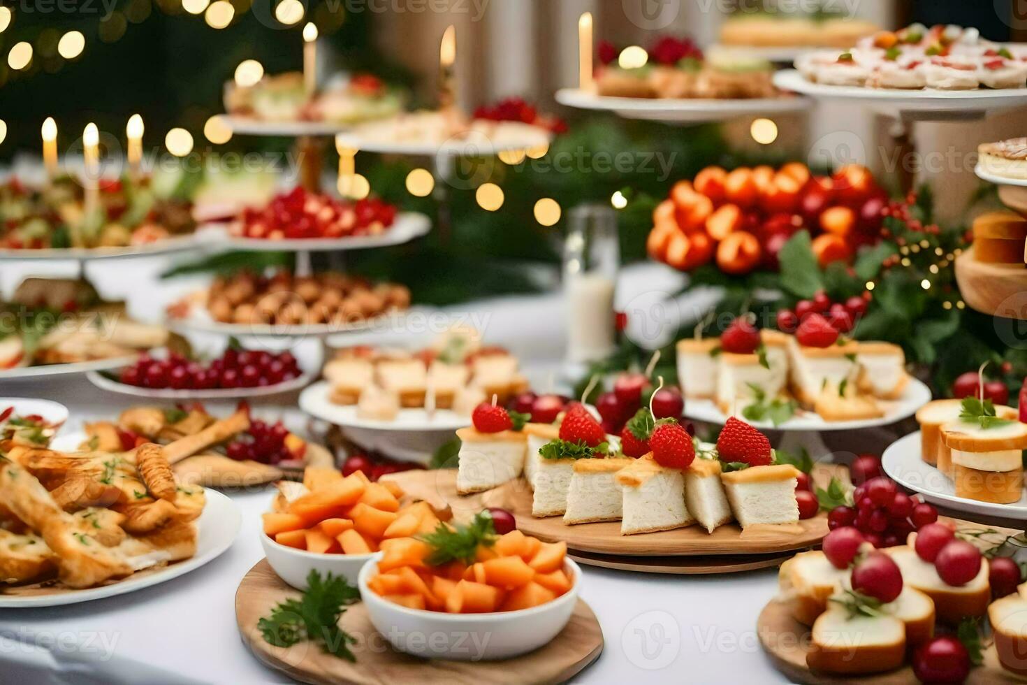 a buffet table with many different types of food. AI-Generated photo