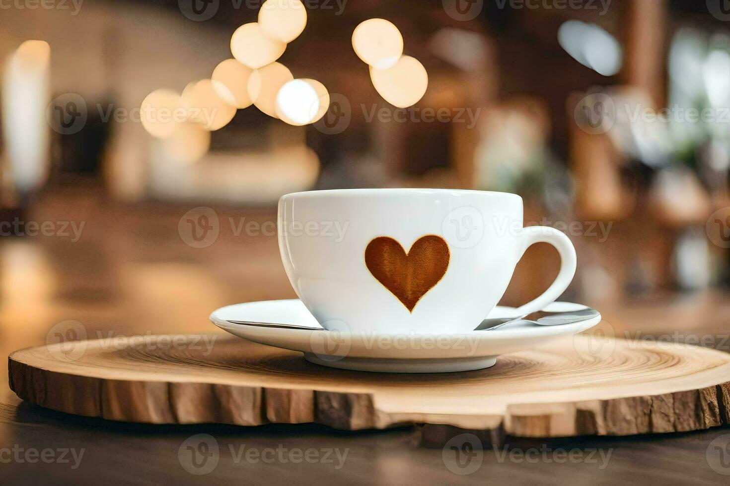 coffee cup with heart on wooden plate. AI-Generated photo