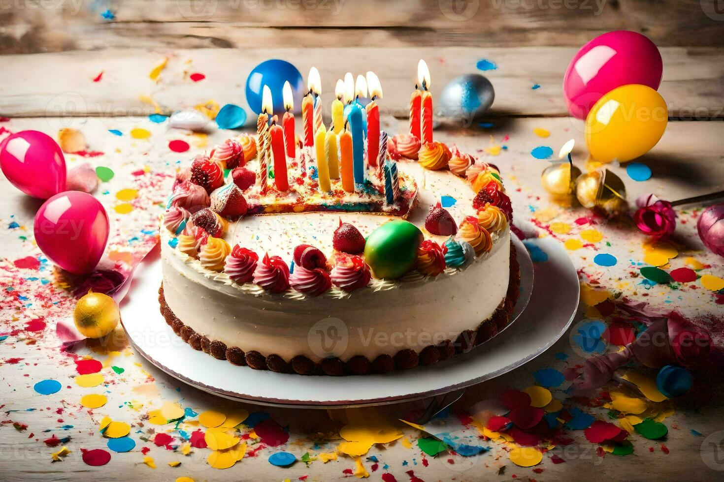a birthday cake with candles on it. AI-Generated photo