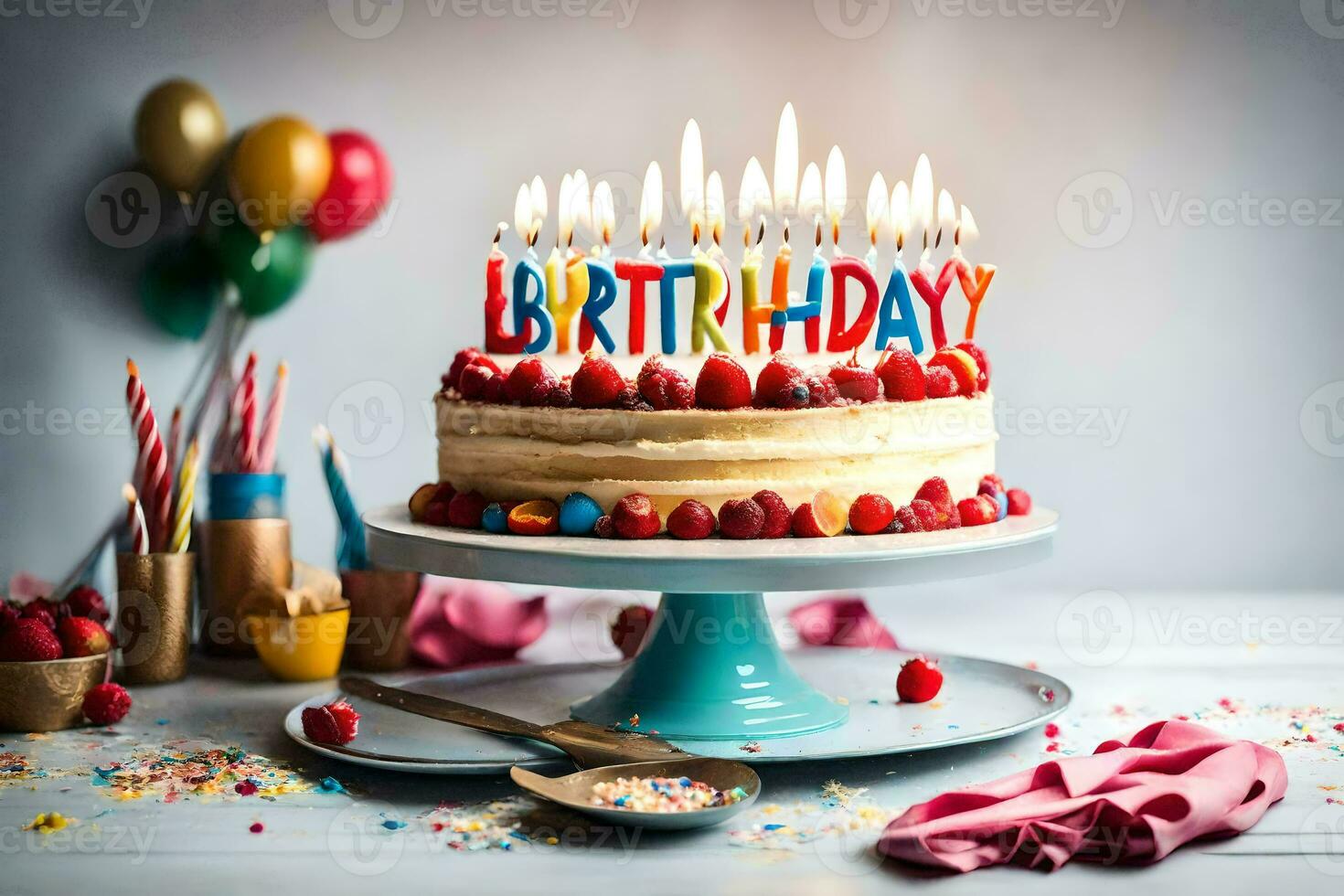 a birthday cake with candles on it. AI-Generated photo