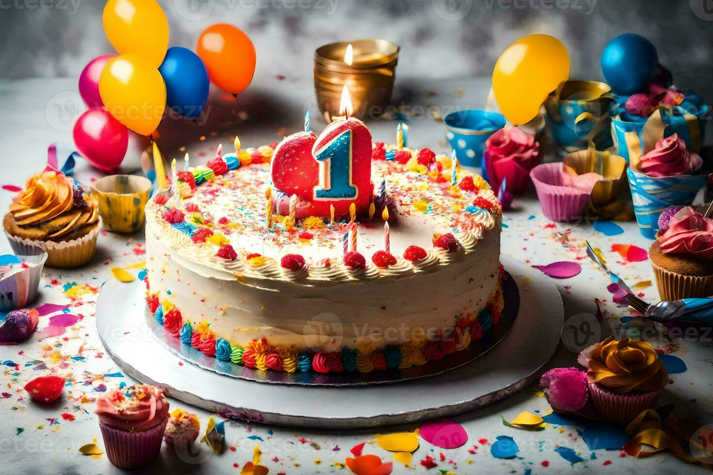a birthday cake with a number one on it. AI-Generated photo
