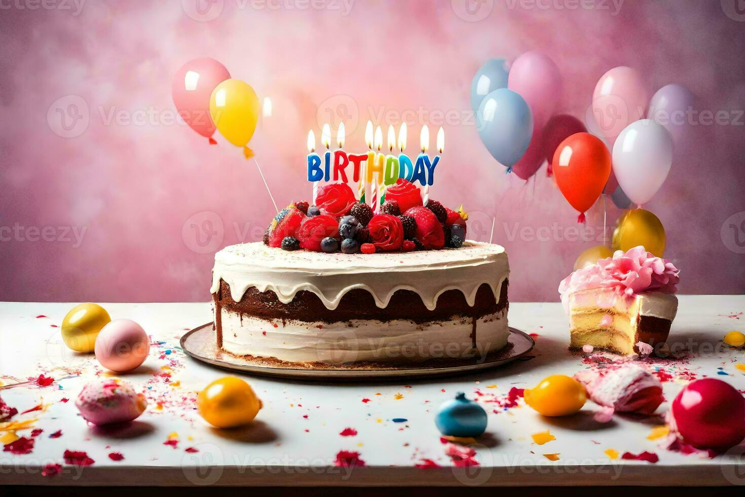 a birthday cake with candles on top and balloons. AI-Generated photo