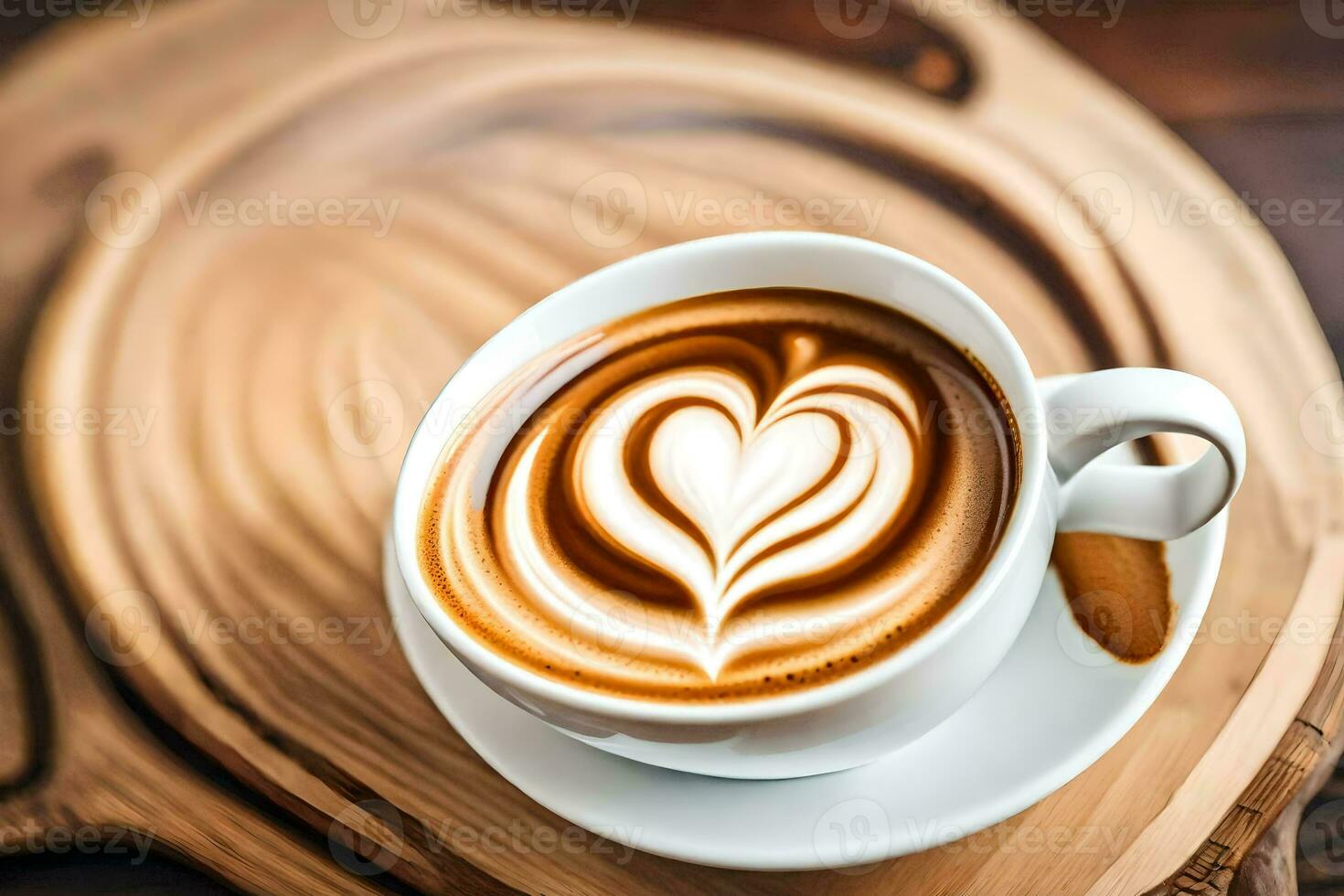 a cup of coffee with heart shaped latte art on a wooden table. AI-Generated photo