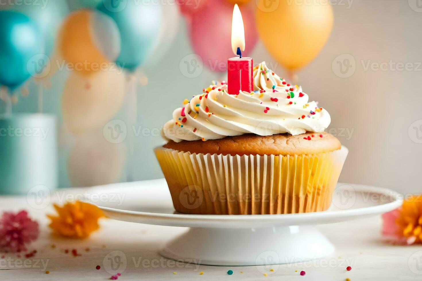 a cupcake with a lit candle on top. AI-Generated photo