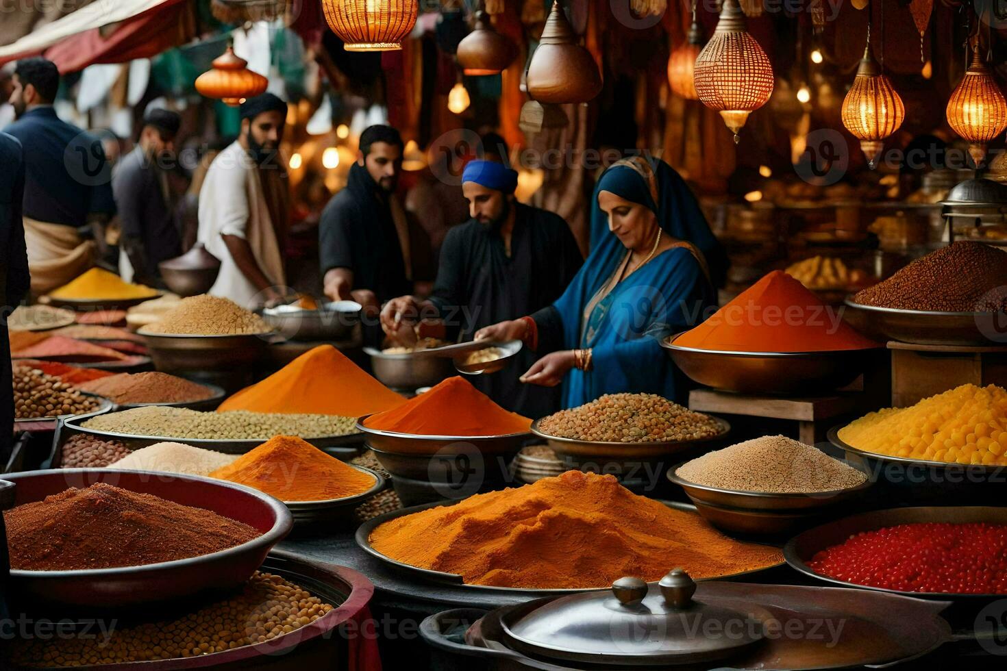 a market with many different types of spices. AI-Generated photo