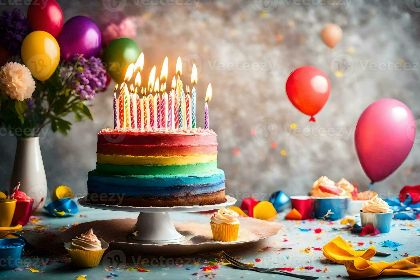 a birthday cake with colorful candles and balloons. AI-Generated photo