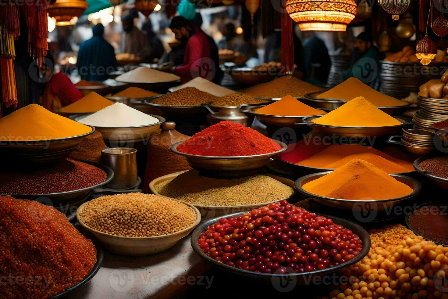 un variedad de especias y otro comida artículos son en mostrar. generado por ai foto