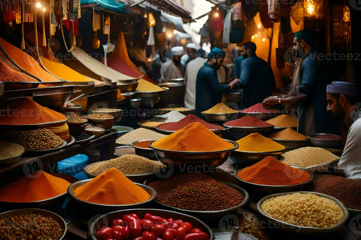 un mercado con muchos bochas de especias y otro elementos. generado por ai foto