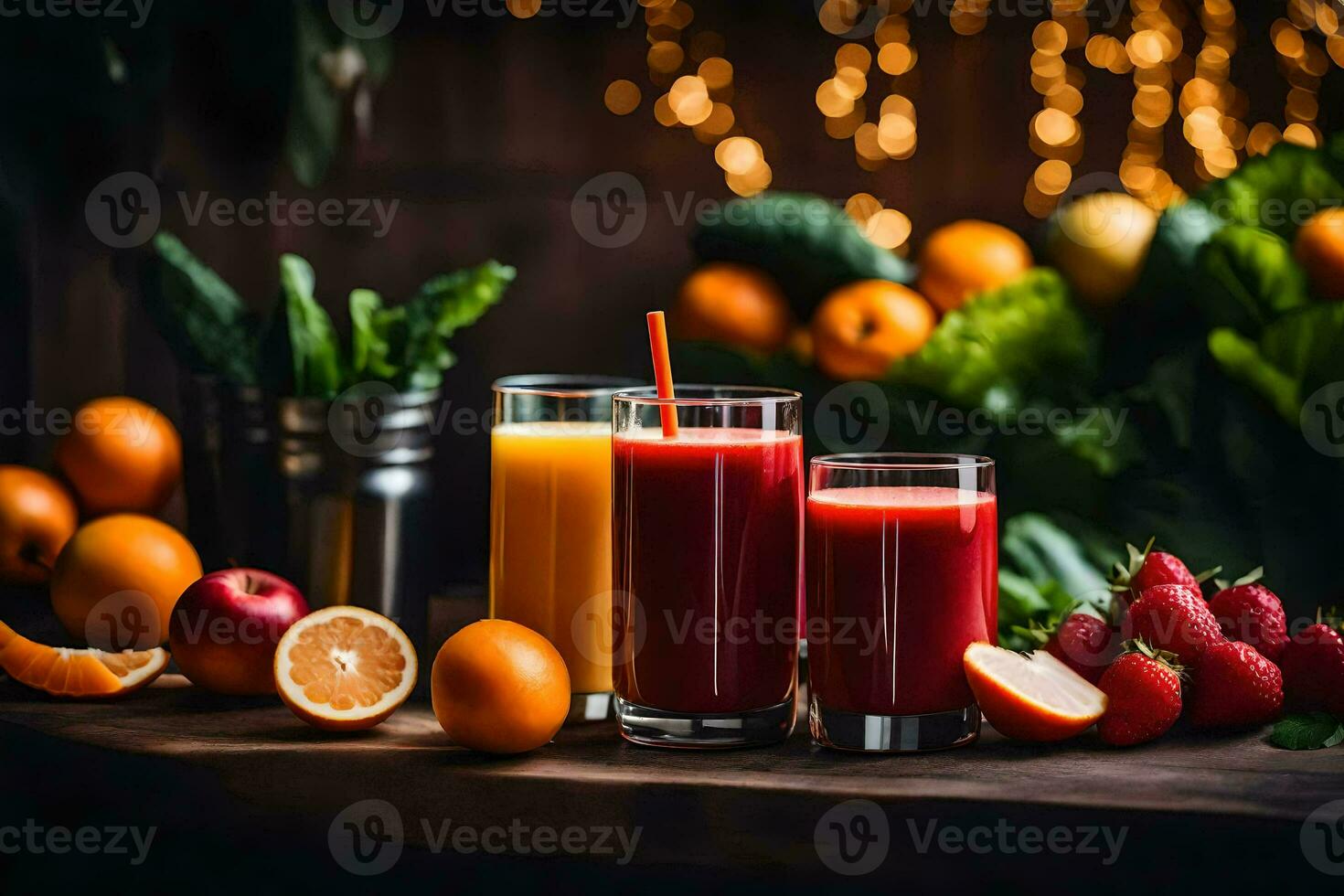 jugo y Fruta en un de madera mesa. generado por ai foto