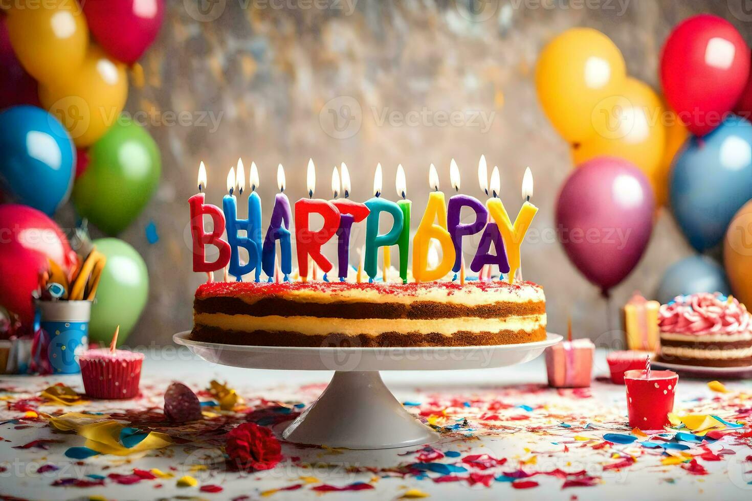 birthday cake with candles and balloons. AI-Generated photo