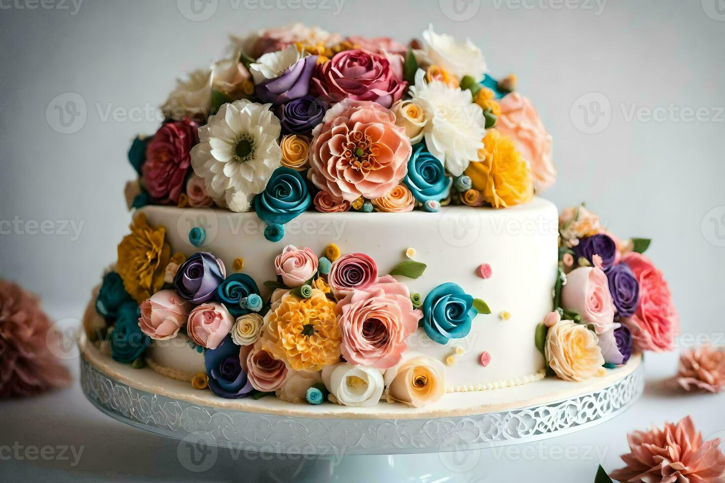 a cake decorated with colorful flowers on a white table. AI-Generated photo